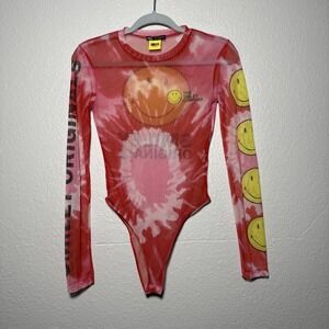 Zara X Smiley Semi Sheer Bodysuit Festival Rave Size Small Pink Tie Dye